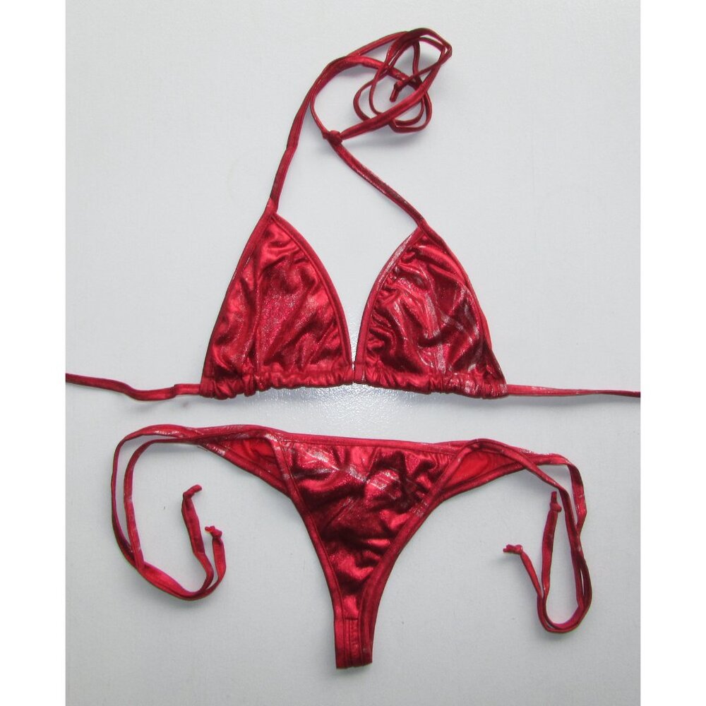 Red Metallic String Thong Scrunch Butt Bikini - NEW